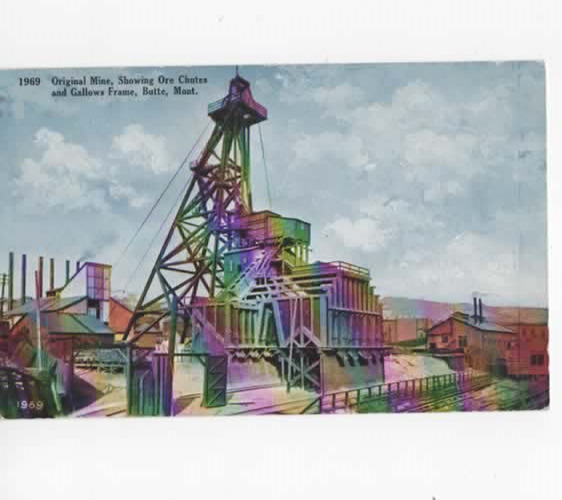 Butte Montana  Original Mine  Ore Chutes and Gallows Frame  postcard  1909