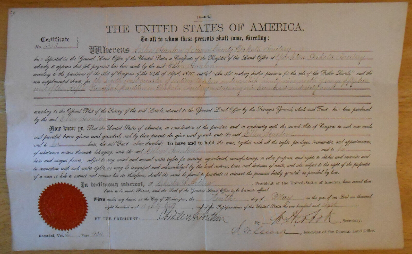 Genuine homestead certificate hand signed Chester Arthur 1882 Dakota Territory