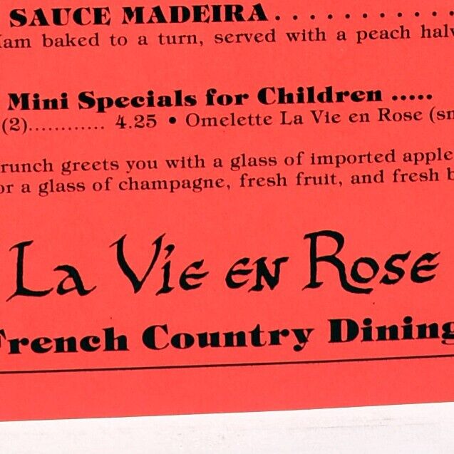 1980s La Vie en Rose Restaurant Menu 240 South State College Boulevard Brea CA