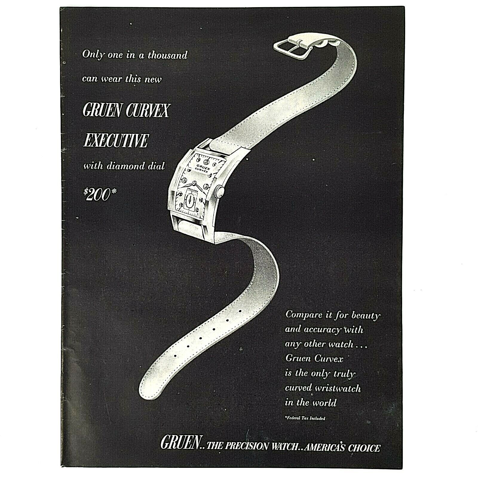 Vintage1946 Gruen Curvex executive men wristwatch diamond dial retro print ad 