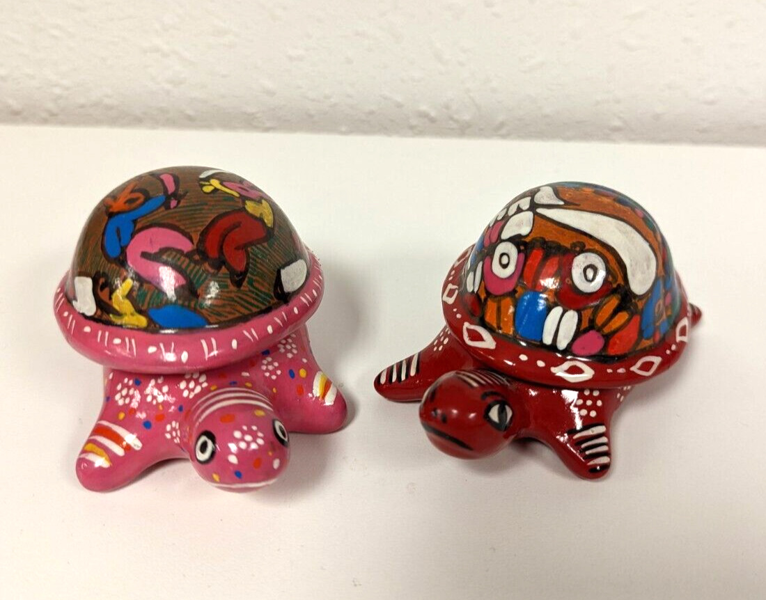 Talavera Turtle Trinket Box Boxes lot of 2 Hand Painted Pottery Clay Mexico PINK
