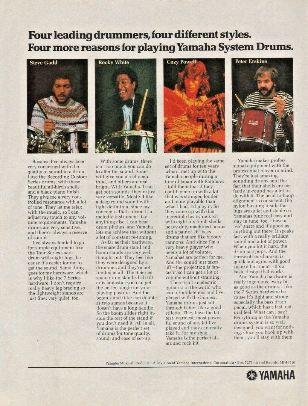 1983 Yamaha Drums System Steve Gadd Rocky White Cozy Powell Erskine - Vintage Ad