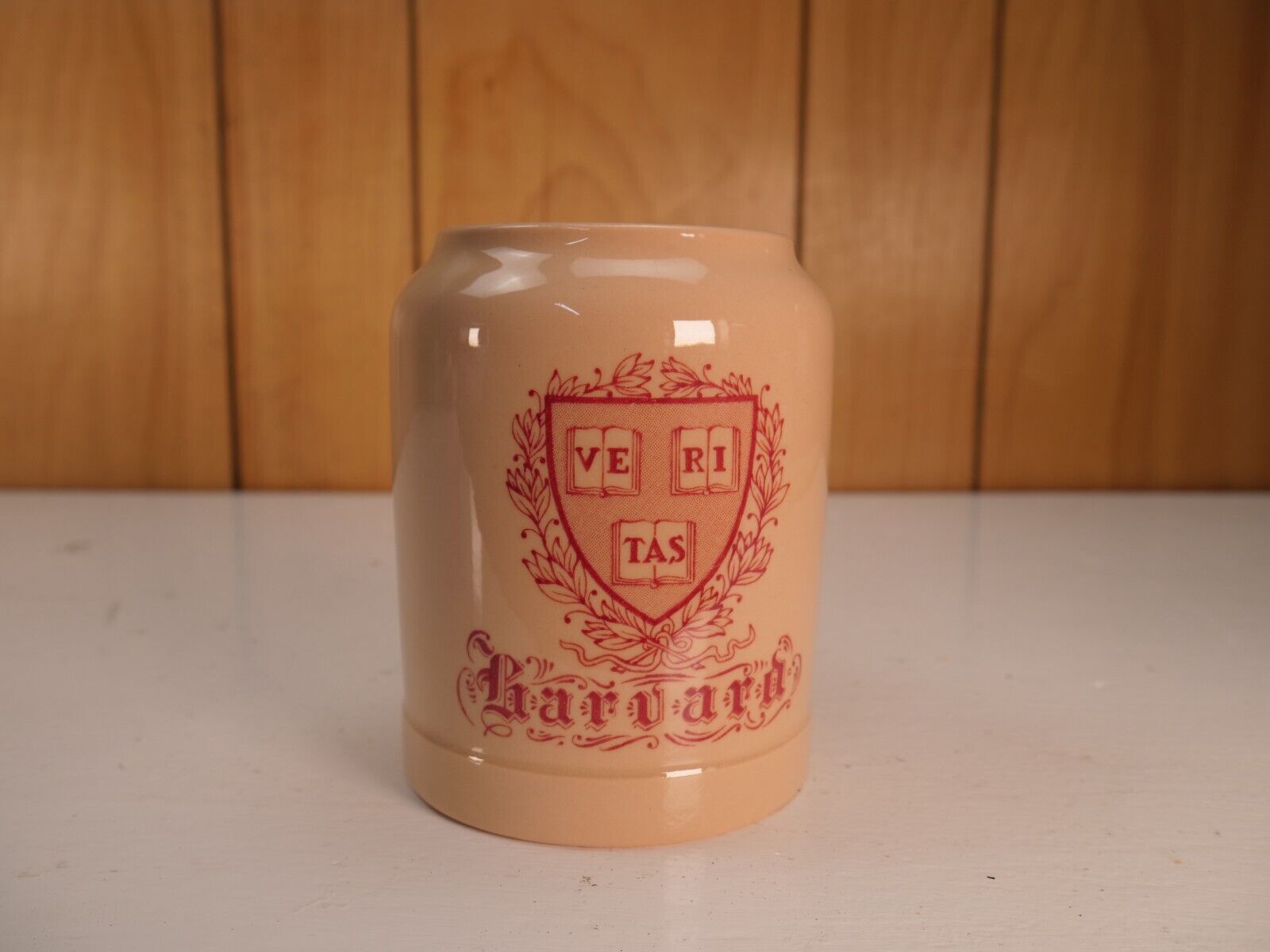 Harvard University Vintage Mug Coffee Cup VERITAS Logo .Beige , Burgundy Ceramic
