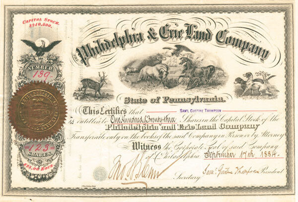 Philadelphia and Erie Land Company - Stock Certificate (Issued)