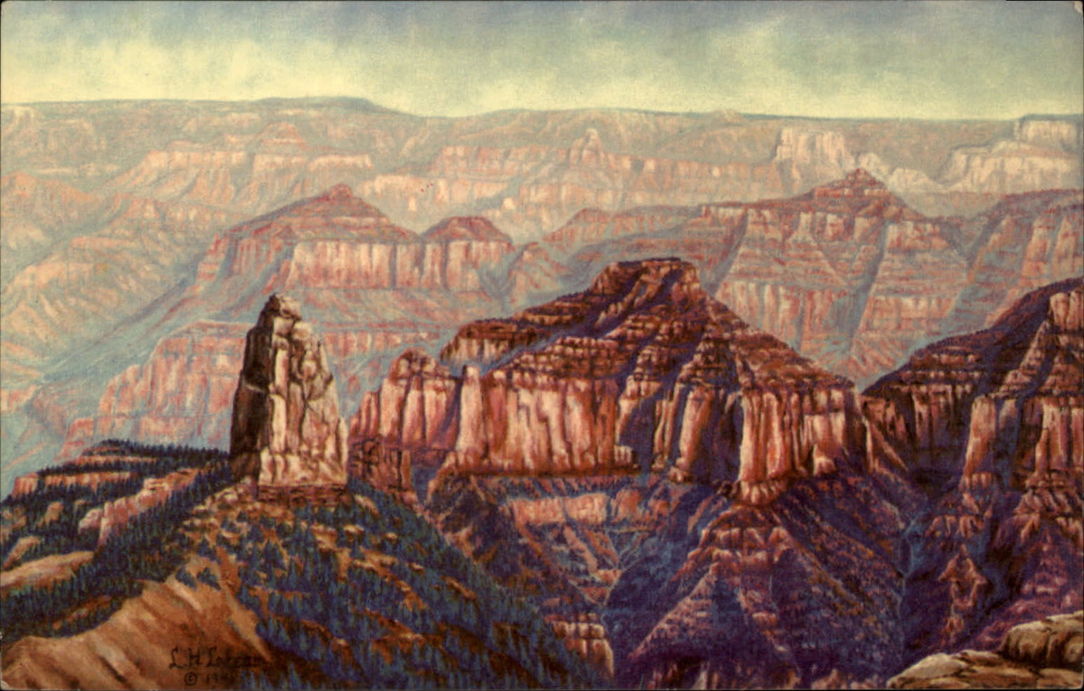 Grand Canyon Arizona from Point Imperial artist LH Dude Larsen 1941 art postcard