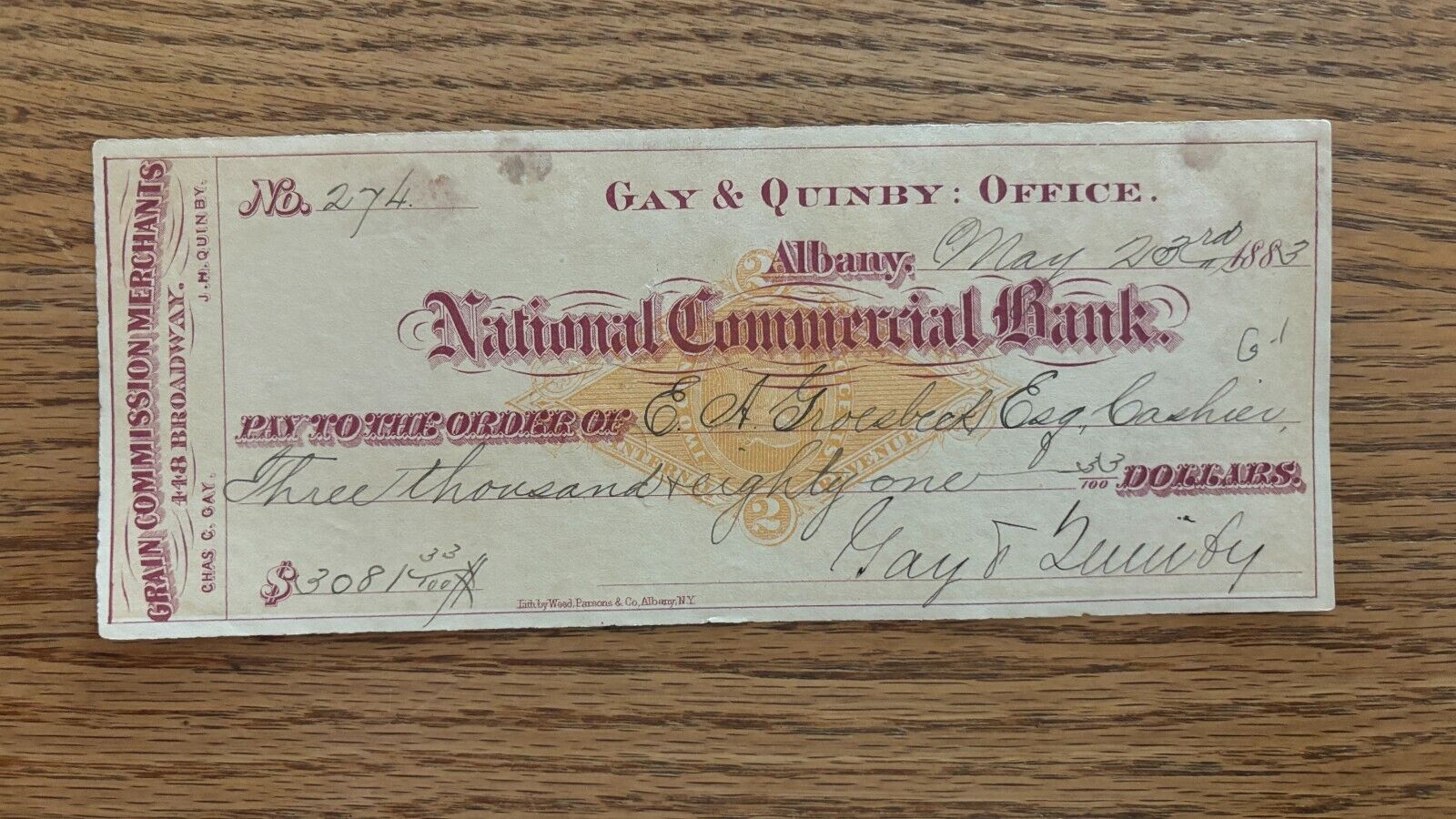 National Commercial Bank Albany Check New York Gay & Quinby 1883 w Revenue Stamp