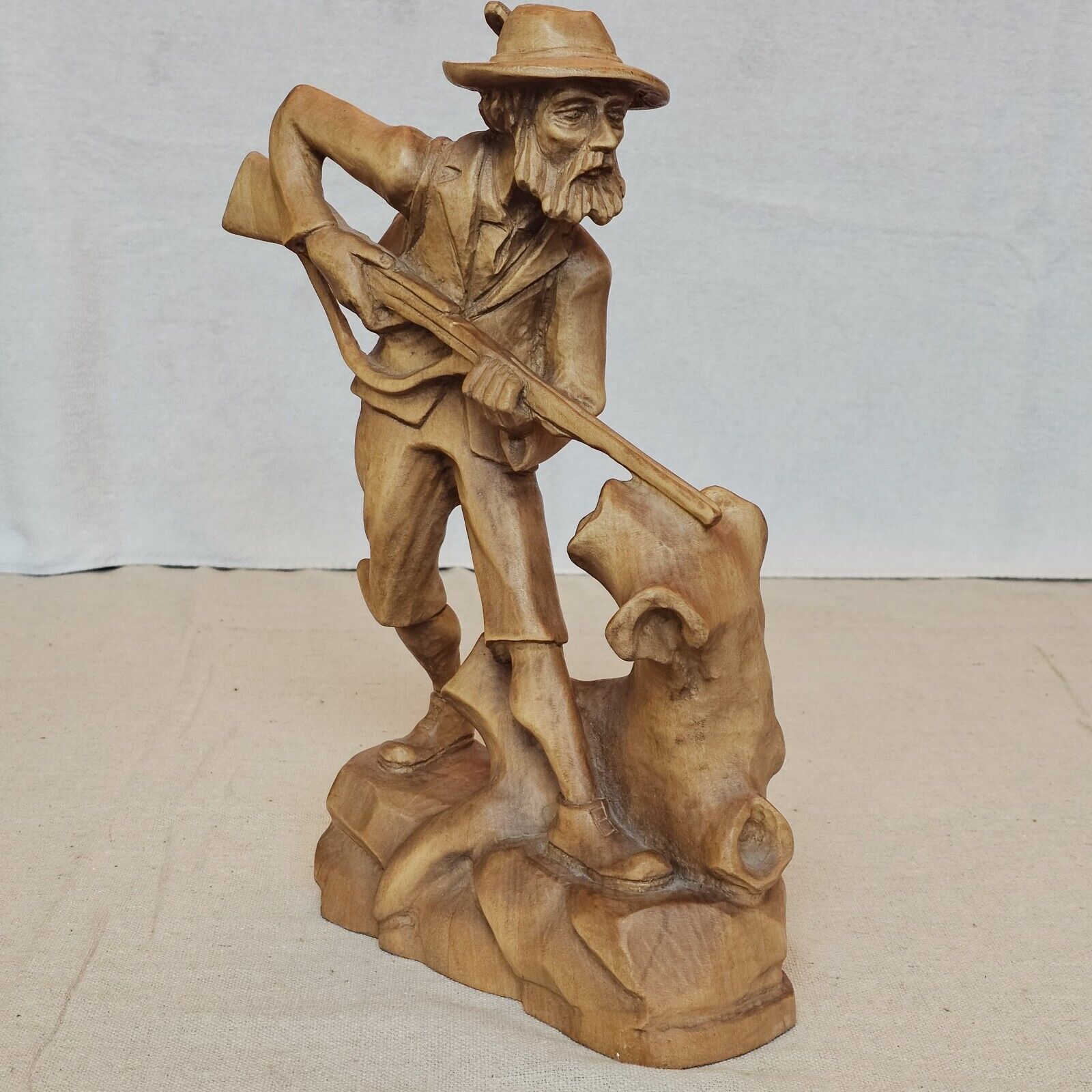 Vintage 13.5” German Hand Carved Wood Hunter Statue Sculpture Art  