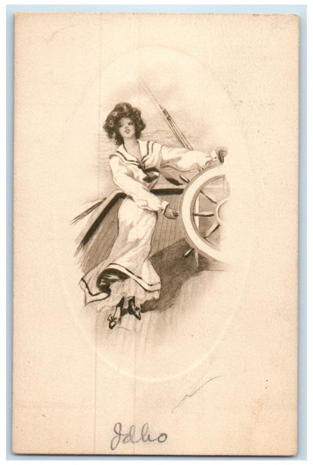 1910 Pretty Woman Curly Hair Helm Boat Chicago Illinois IL RPO Antique Postcard