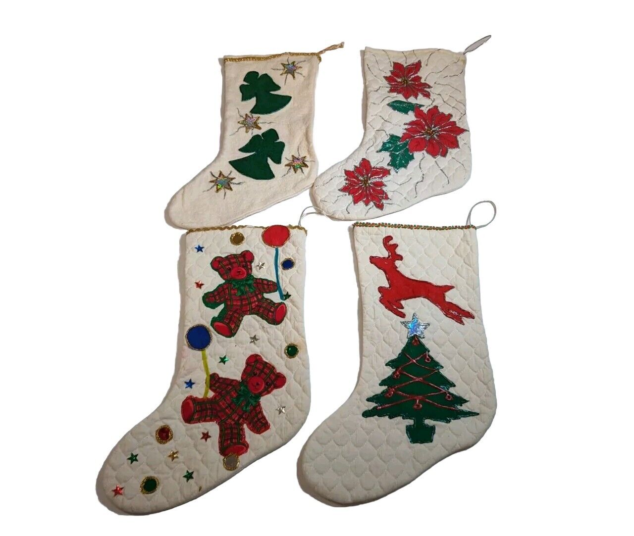 4 Vintage Quilted & Felt Sequin Glitter Christmas Stockings Handmade ( Need TLC)