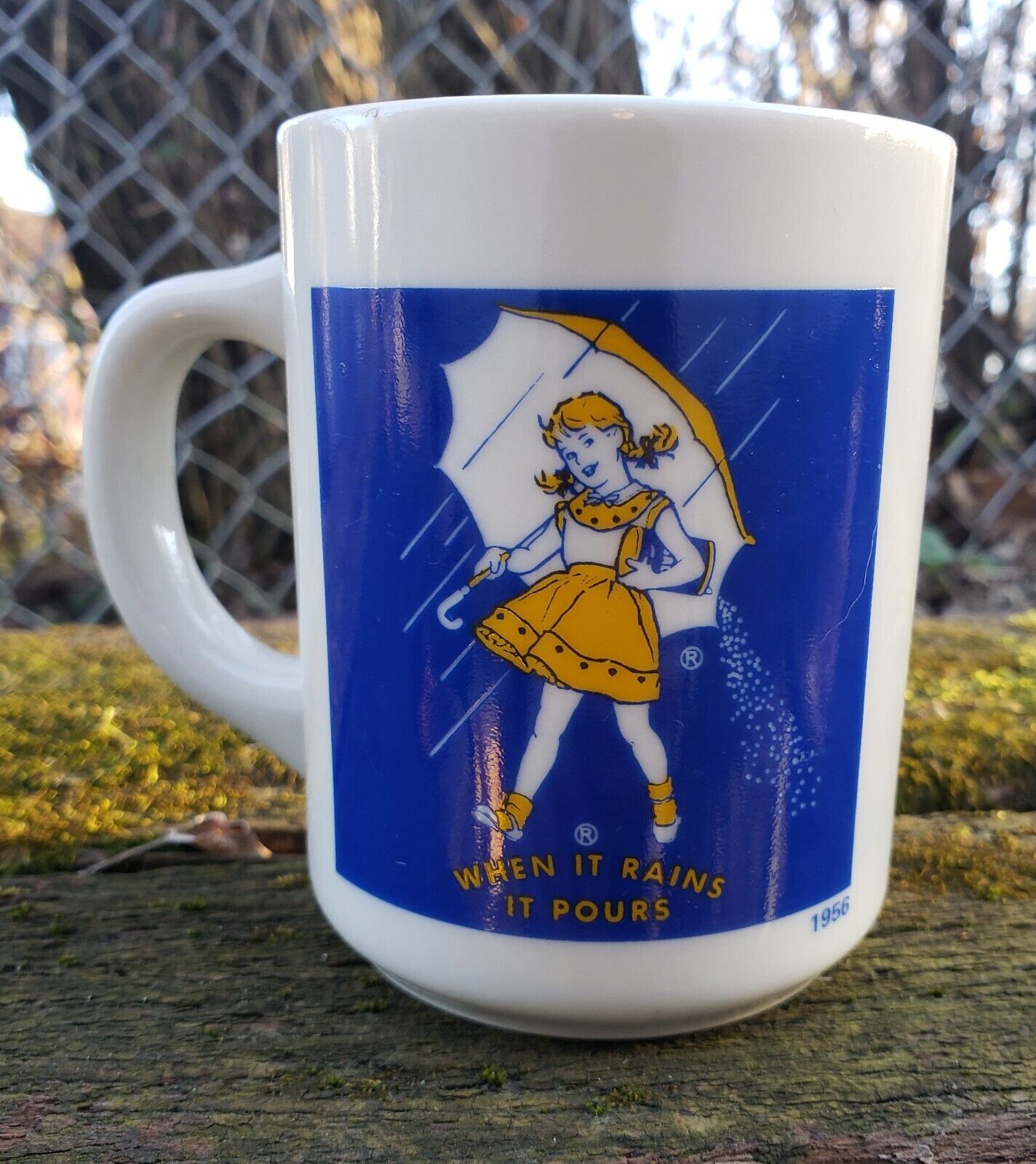 Vintage Morton Salt When it Rains it Pours 1956 Coffee Cup Mug Girl Advertising