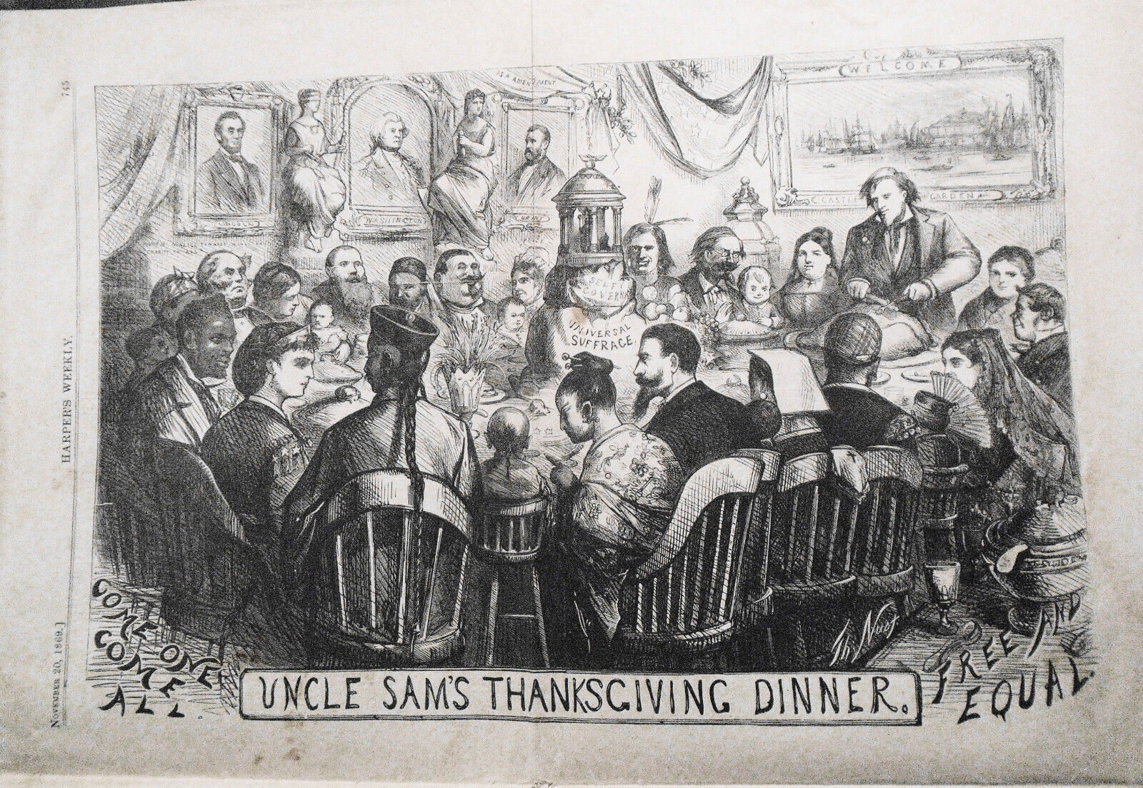 Harper's Weekly November 20, 1869 - Uncle Sam's Thanksgiving Dinner by Nast, etc