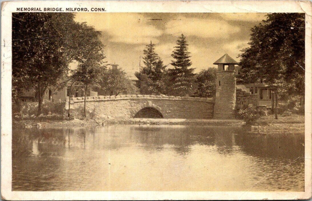 Vintage MILFORD, CT ~ MEMORIAL BRIDGE FROM THE POND Postcard Posted 1932