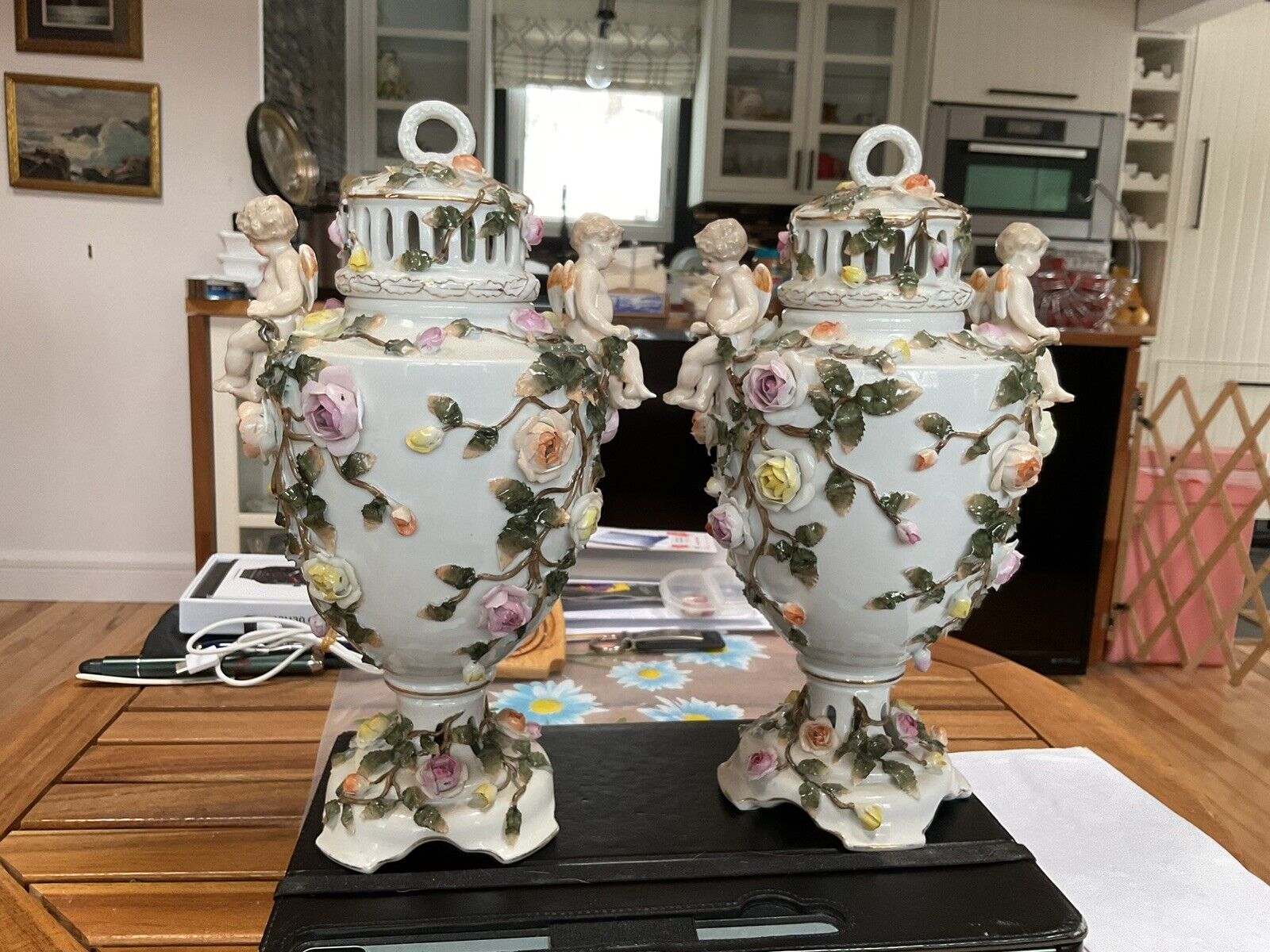 Exquisite Pair Of Antique German Porcelain. Covered Potpourri  Urns