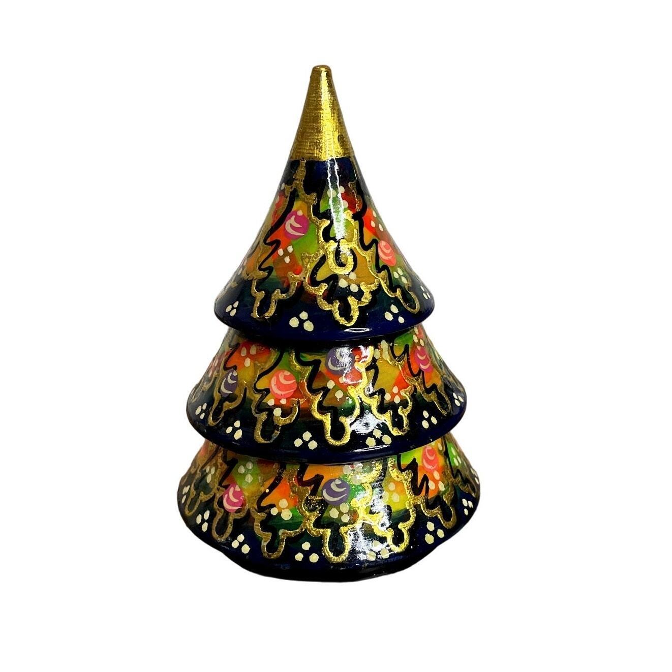 Russian Roly Poly Christmas Tree Hand Painted Lacquered Wood Musical Chime