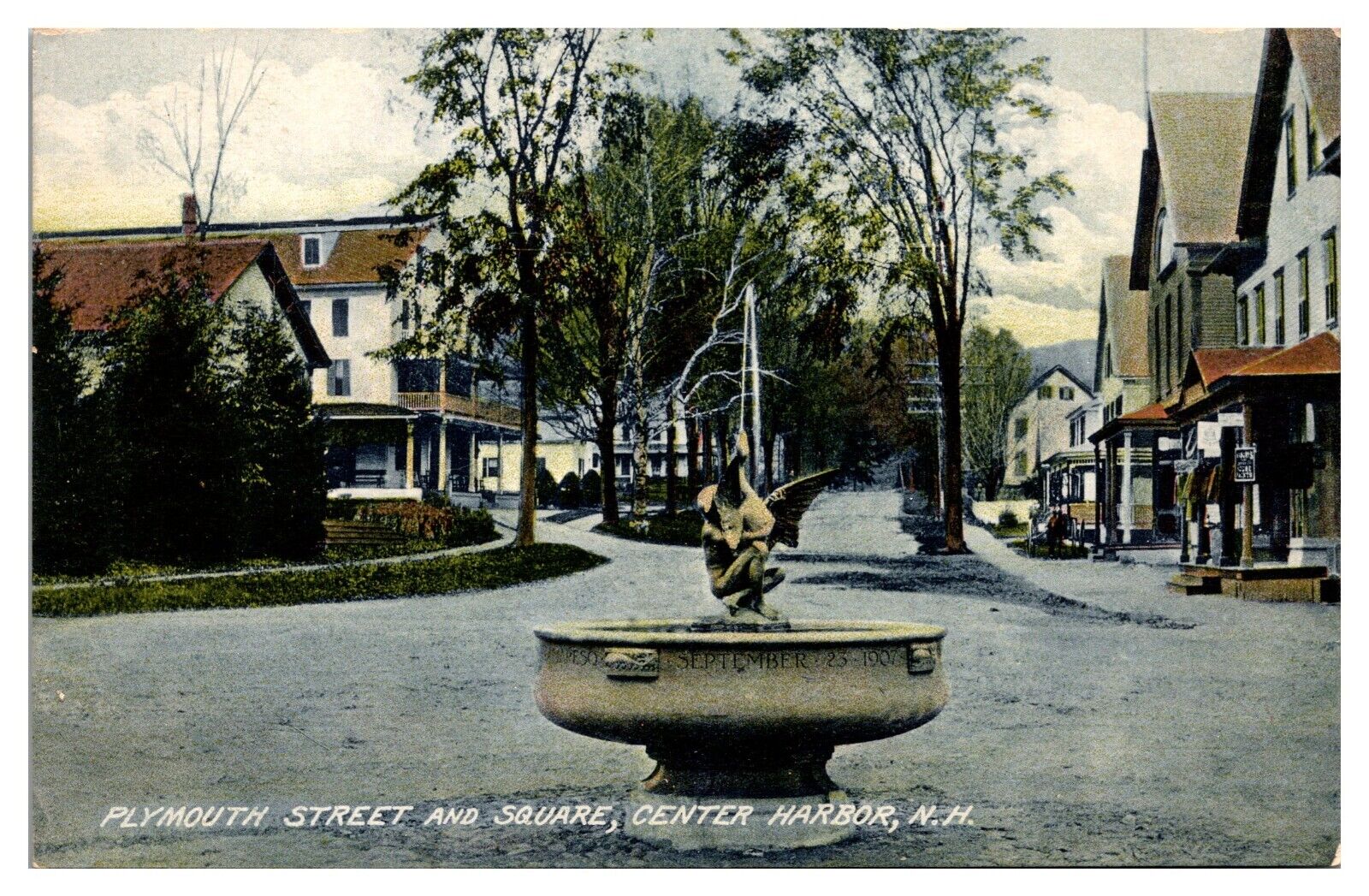 ANTQ Plymouth Street and Square, Street Scene, Fountain, Center Harbor, NH