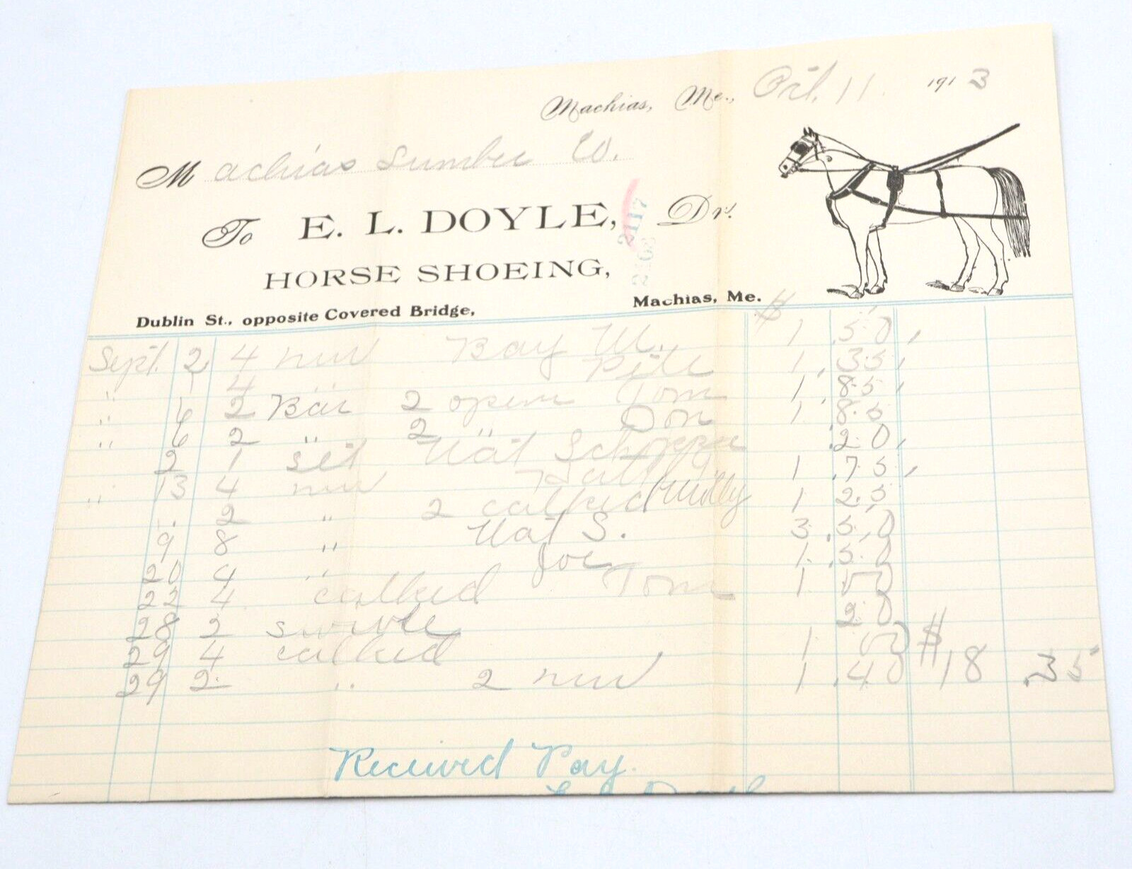Antique 1913 Horse Shoeing Billhead Receipt Document E.L. Doyle Machias ME