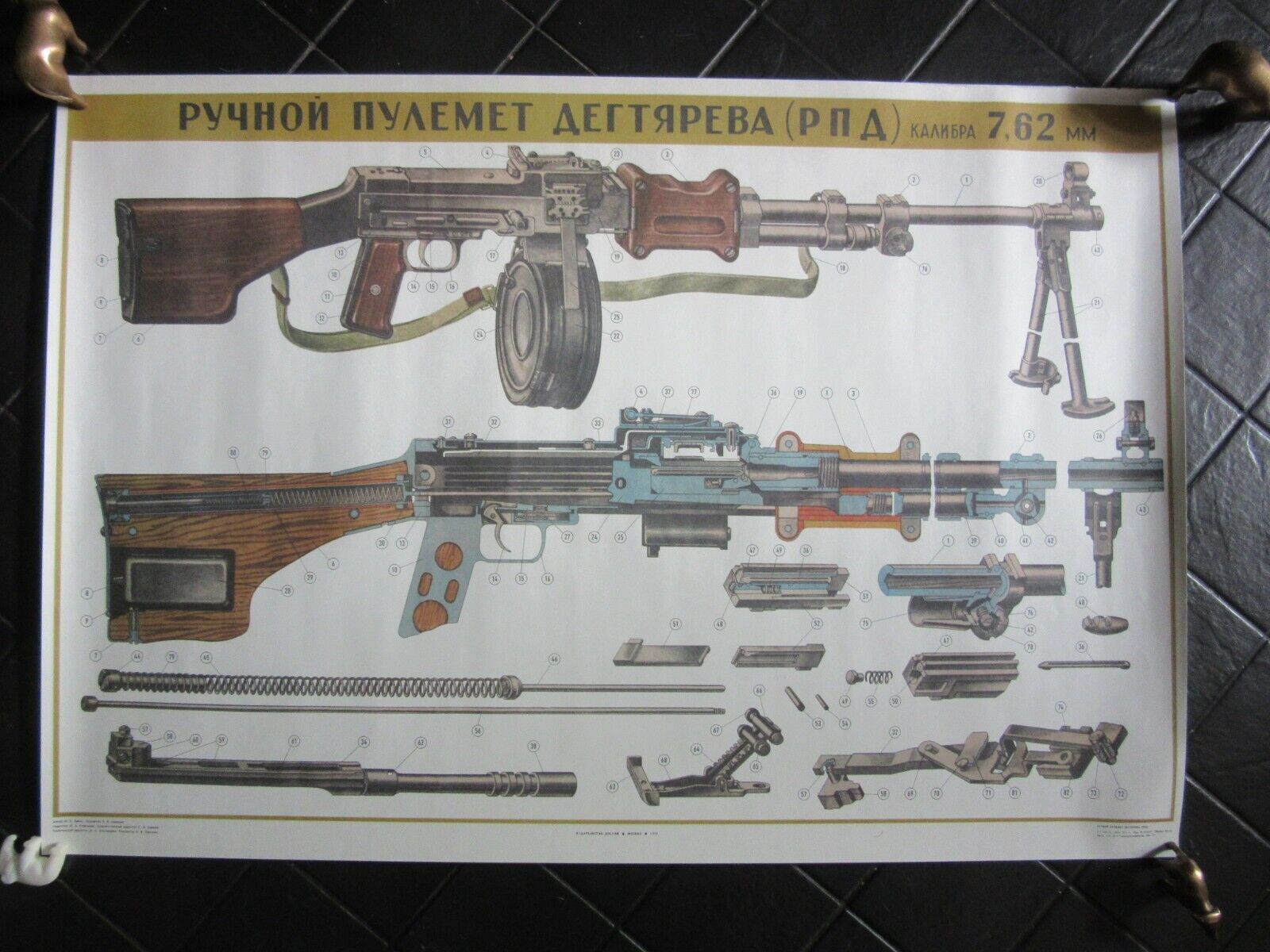 vintage Machine Gun DEGTYAREV  scheme Poster . Soviet USSR Moscow y1970