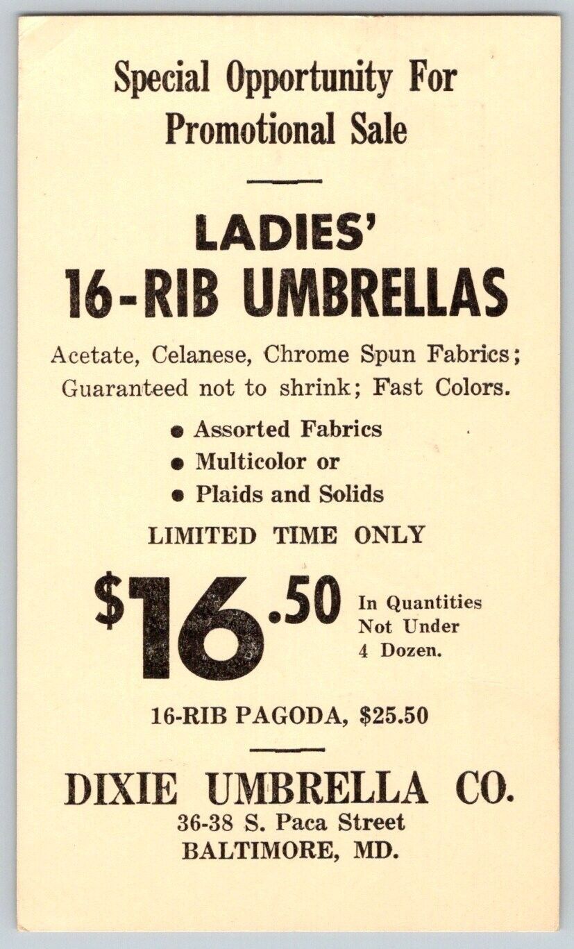 1950\'s Advertising Postcard~ Dixie Umbrella Co.~ S. Paca Street, Baltimore, MD