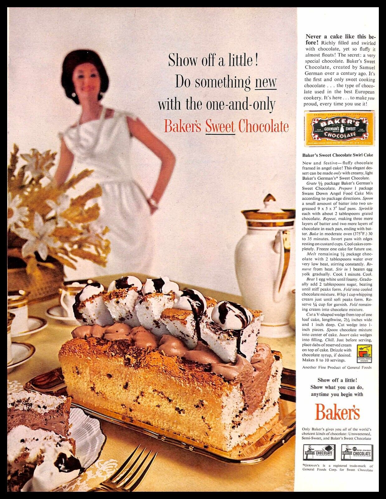 1961 Baker\'s Sweet Chocolate Swirl Cake Vintage PRINT AD Baking Dessert Recipe