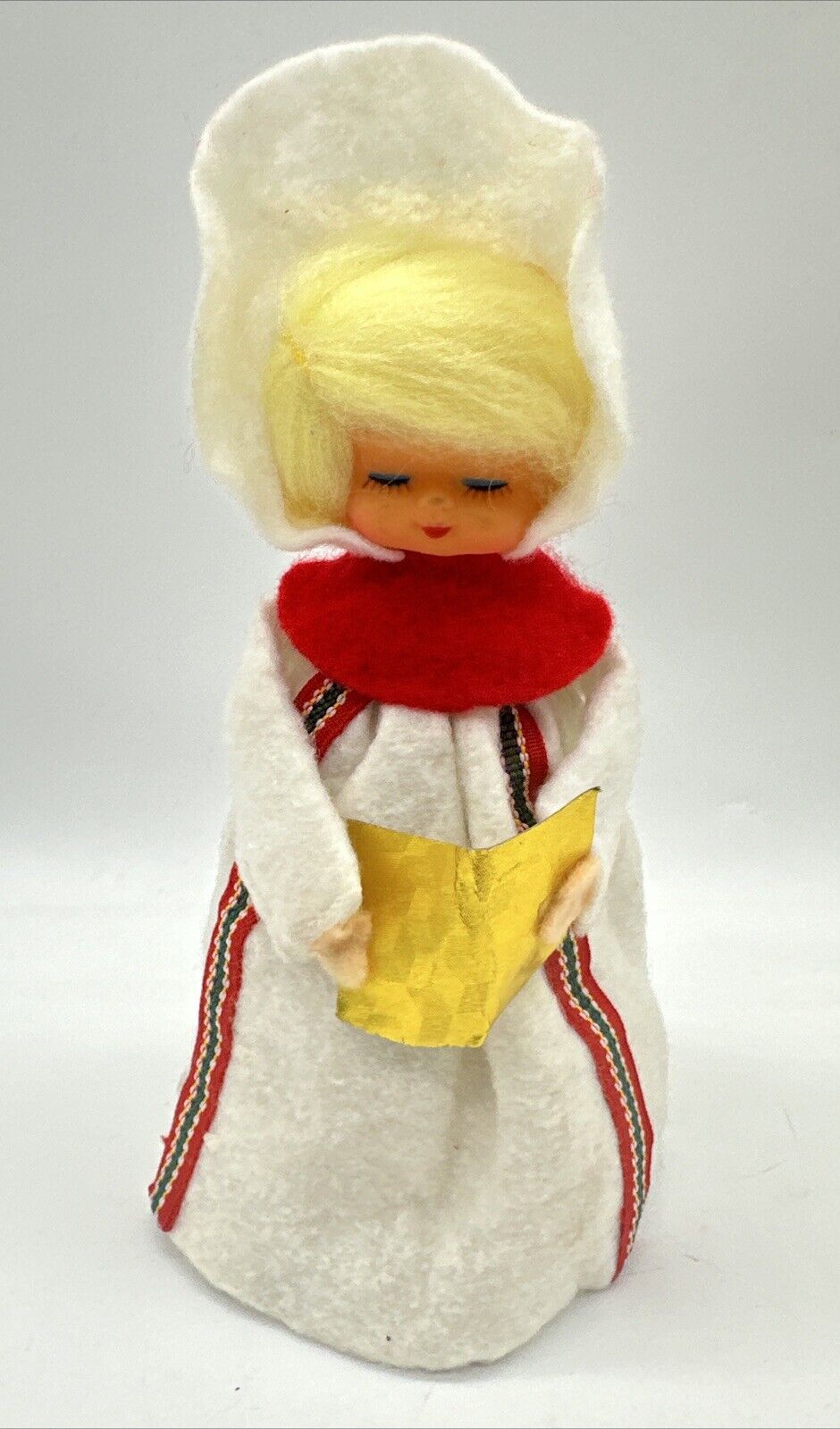 Vintage Blonde Hair Angel Caroler Tree Topper Choir White Felt Dress Paper Cone