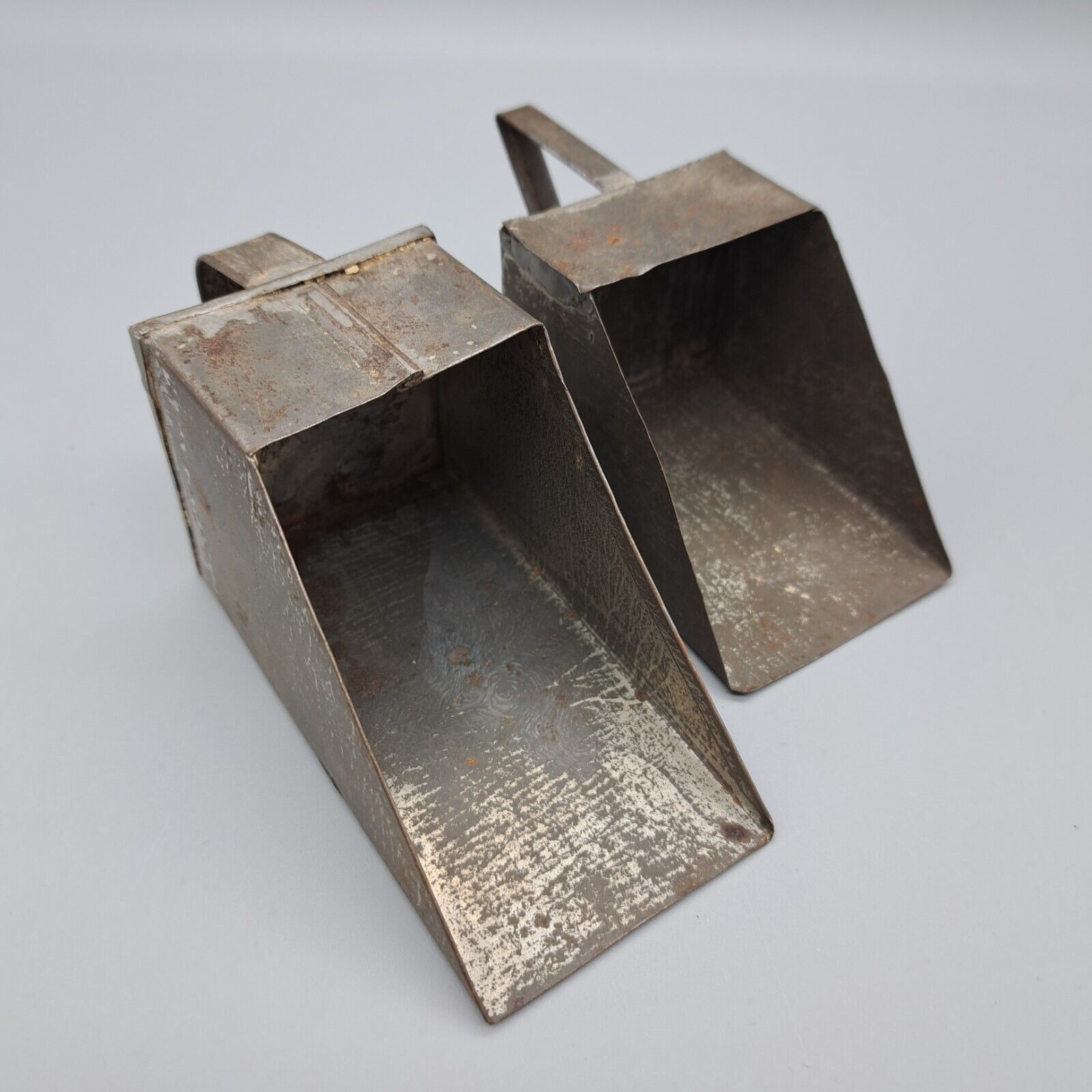Pair Antique Primitive Handmade Rectangular Tin Scoops 3\
