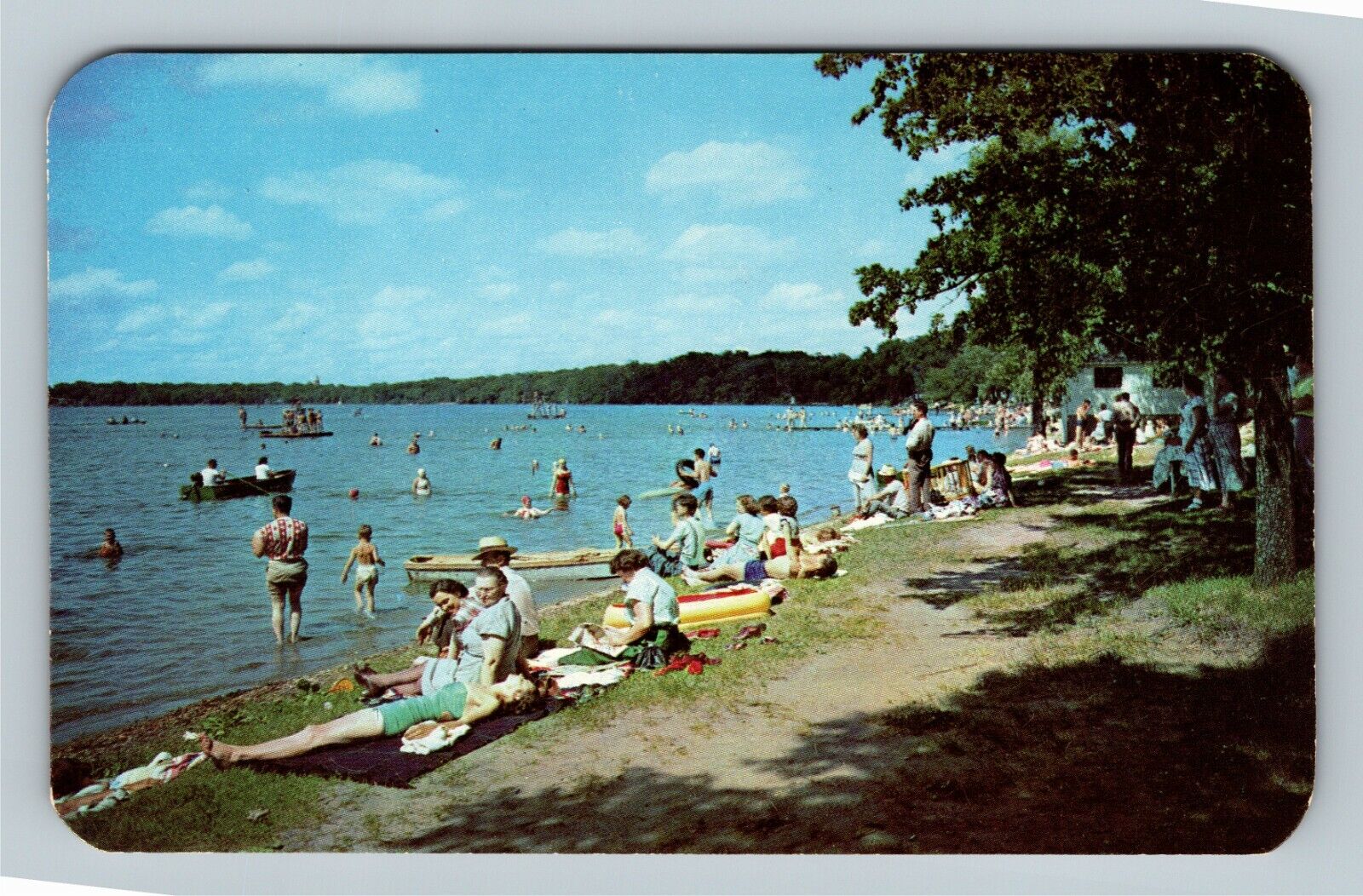 A Day At The Beach, Beautiful Lake Scene, Swimming Vintage Souvenir PostcardÂ Â 