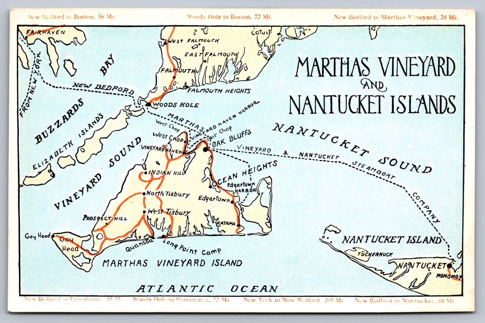 c1920 POSTCARD MARTHAS VINEYARD & NANTUCKET MAP CAPE COD STEAMBOAT ROUTES