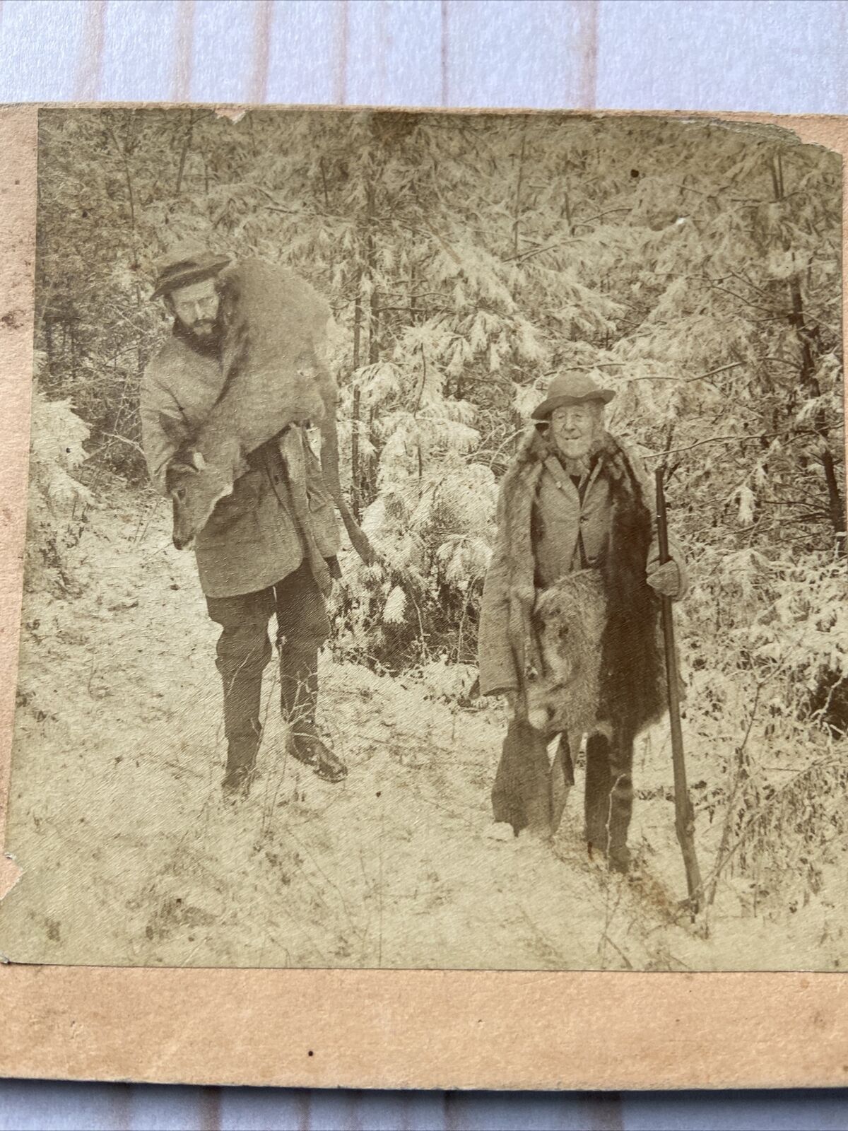 Antique Stereoview Photo 2 Men Hunting Deer In The Snow 1888 by B.W Kilburn