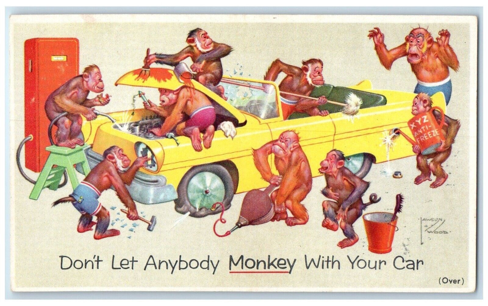 Anthropomorphic Monkeys Car Prestone Anti Freeze Lawson Wood Vintage Postcard