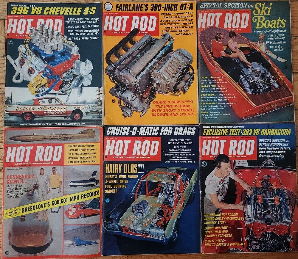 Group of SIX 1966 Hot Rod Magazines: January, Feb, March, May, Sept. and Dec.