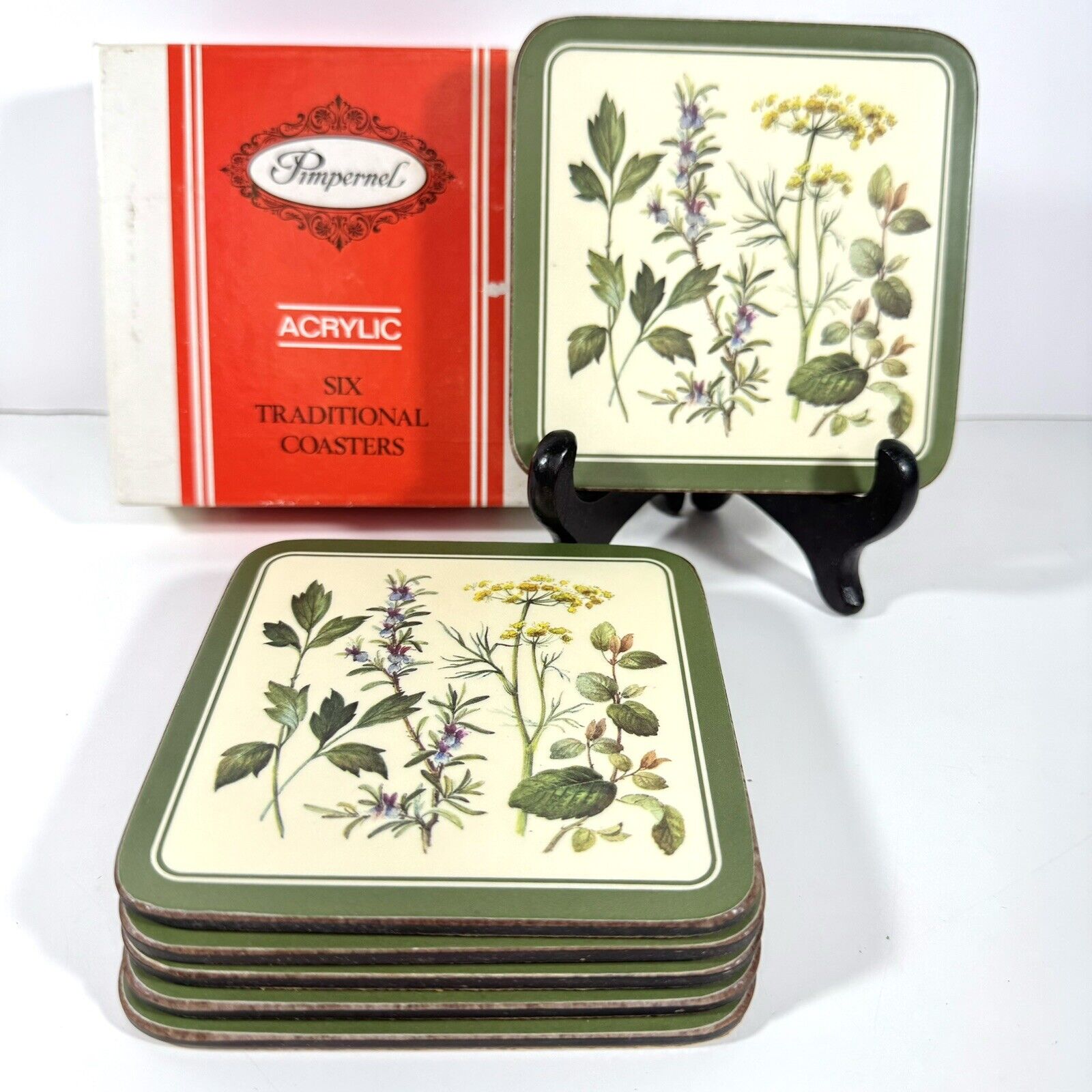 Vintage 6 Pimpernel Acrylic Coasters Herbs 0126051 Cork Backs 4” Square in Box