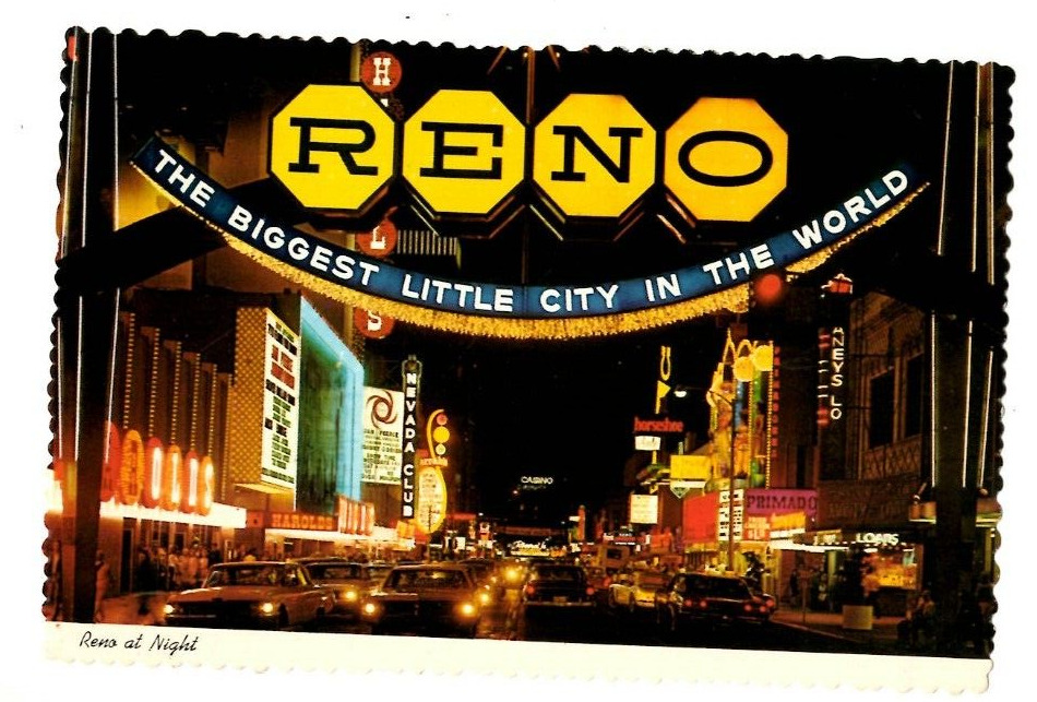 Postcard Reno at Night from the Famous Arch Looking Down Virginia Street Nevada