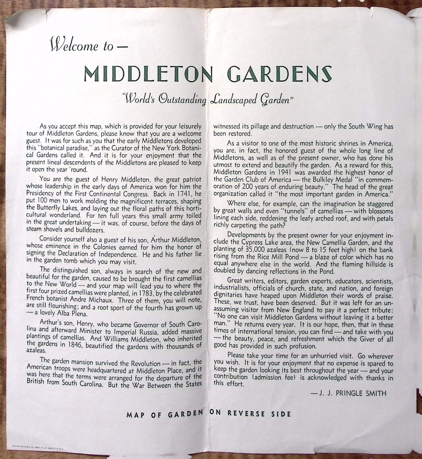 1950s CHARLESTON SC MIDDLETON GARDENS TOURIST INFORMATION AND MAP Z4327