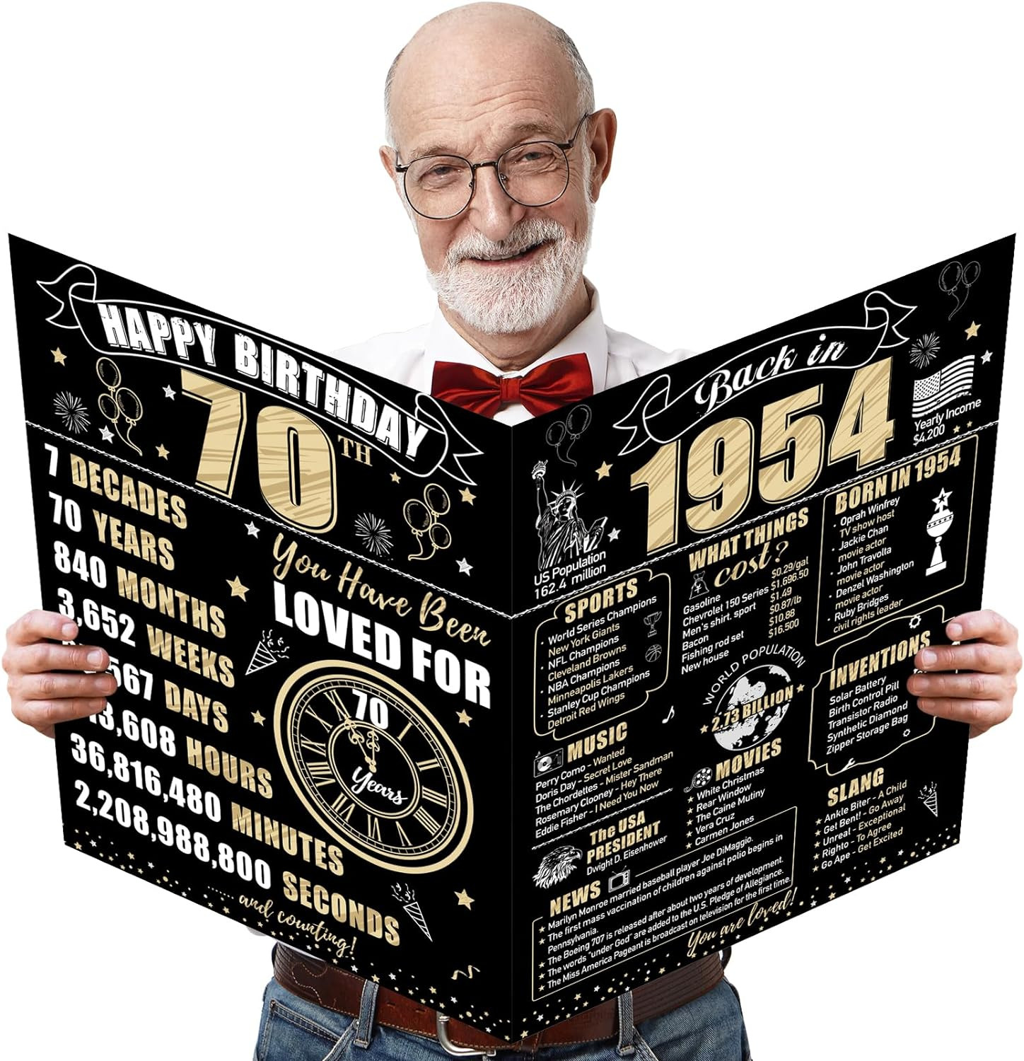 Large 70Th Birthday Card with Envelope for Men Women, 1954 Black Gold Happy 70Th