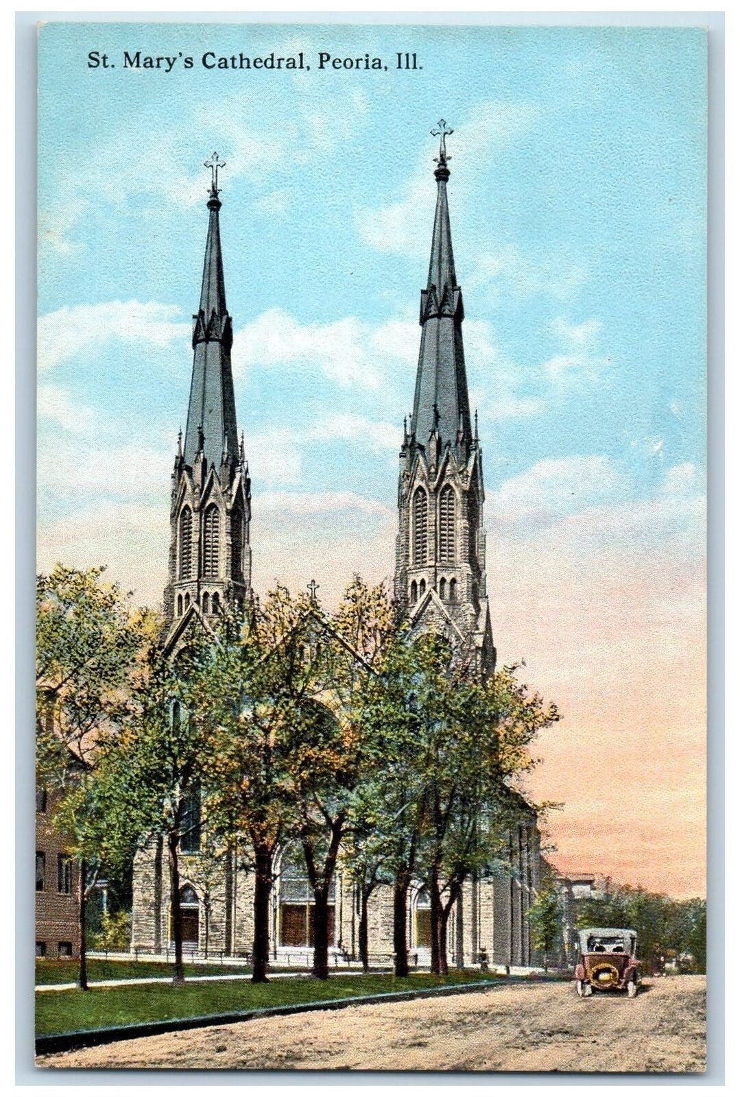 c1920s St. Mary Cathedral Exterior Roadside Peoria Illinois IL Unposted Postcard