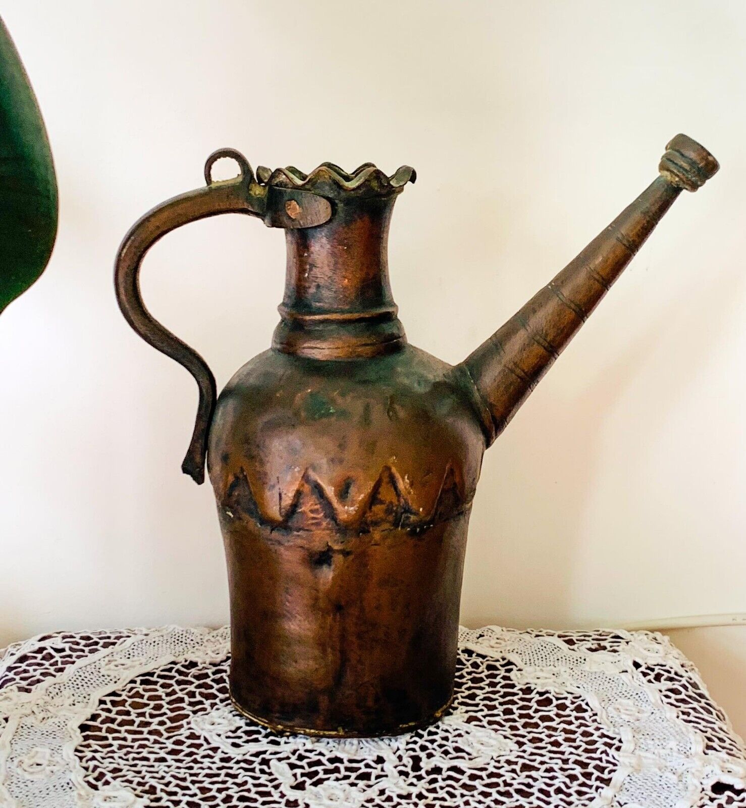Big Etched Jug Antique Handmade Red Copper Handle Middle East Decor Collectibles
