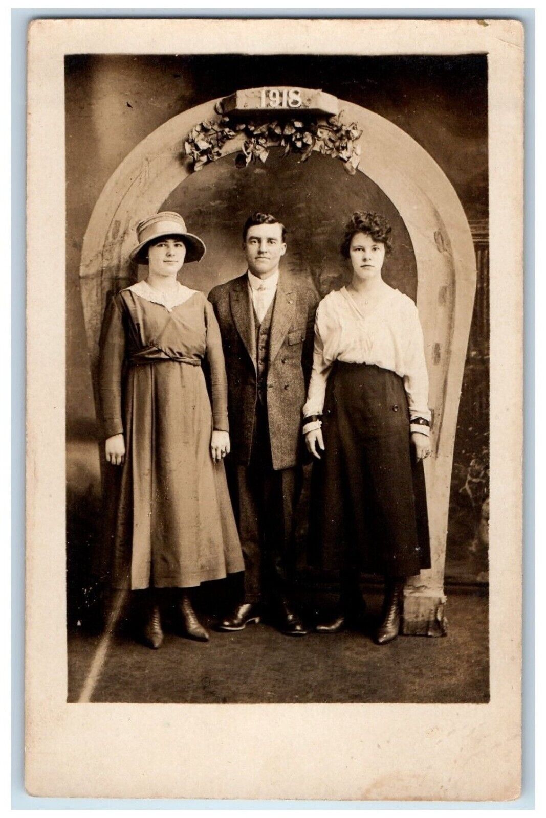 1918 Studio Portrait Man Women Hat Elkins West Virginia WV RPPC Photo Postcard