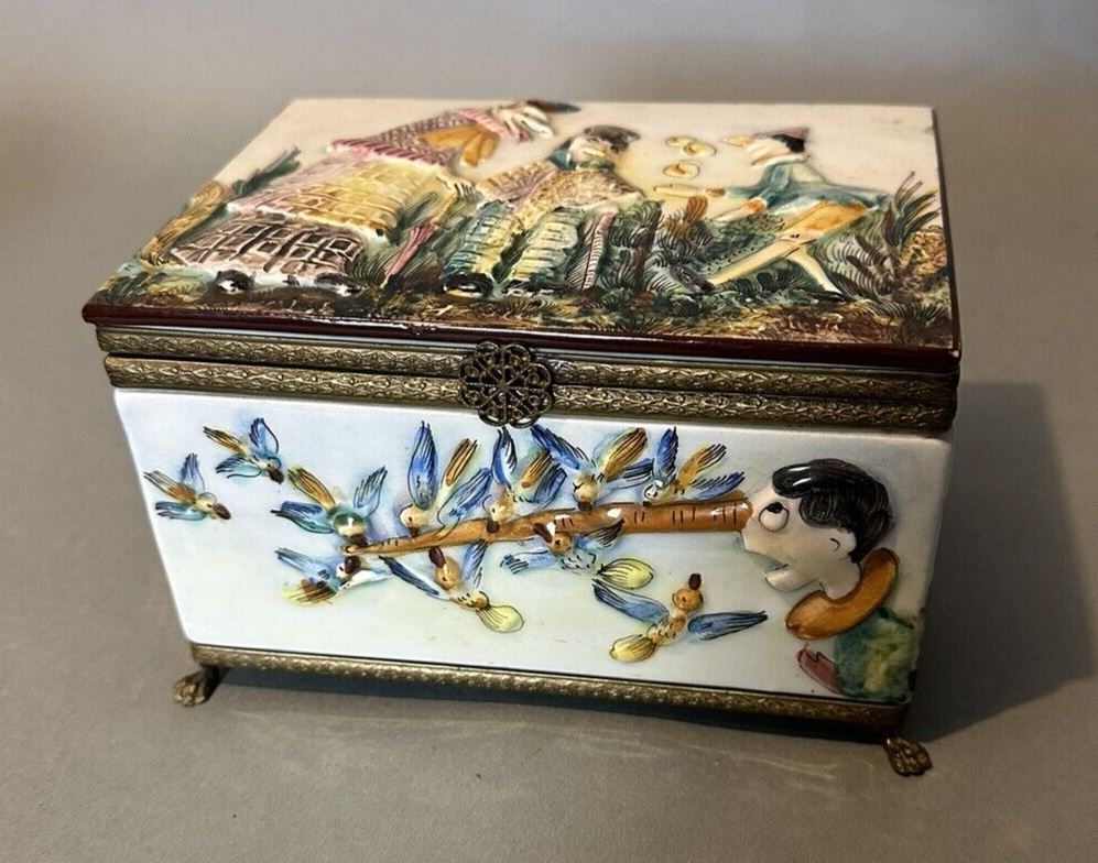 Vintage Antique Porcelain Comical Scenic Pinocchio Themed Keepsake Jewel Box