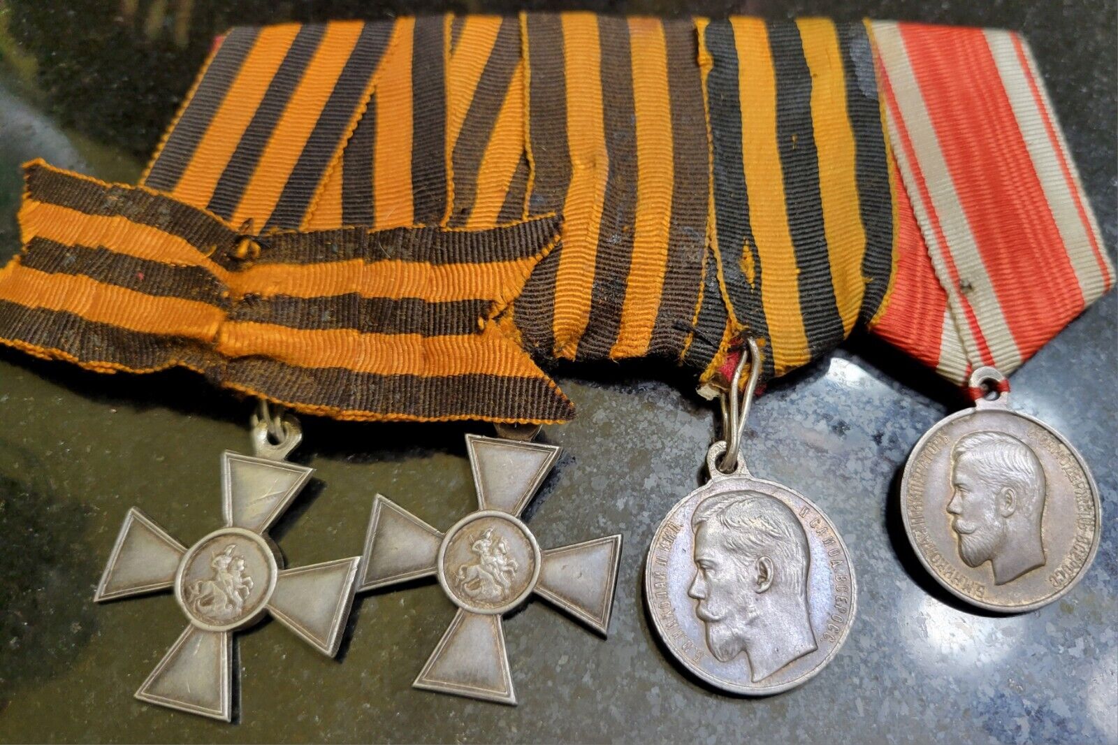 Russian Imperial silver set of 4 Awards on 1 Kazak.  Original, super rare.