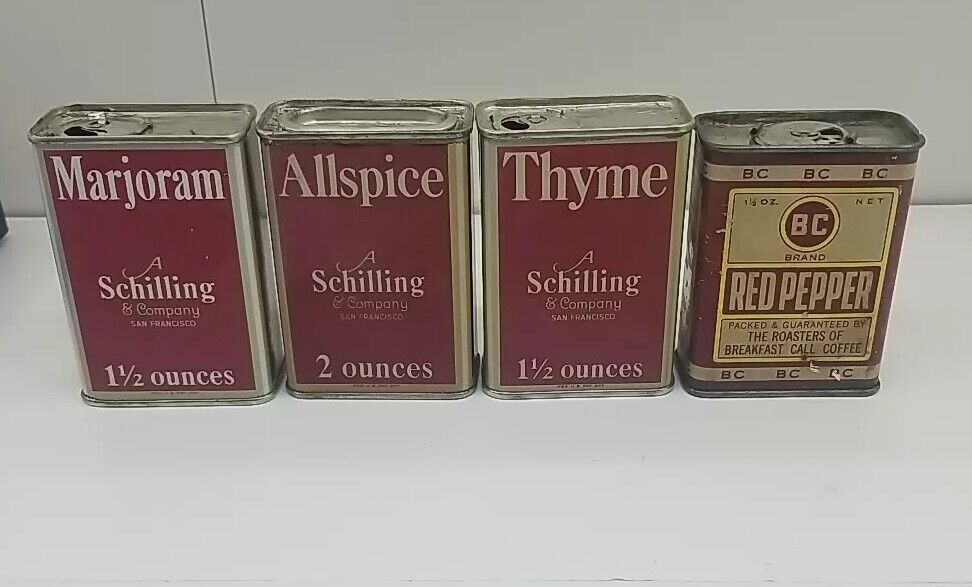 Set 4 Vintage Spice Tins Schilling Thyme Marjoram Allspice BC Brand Red Pepper