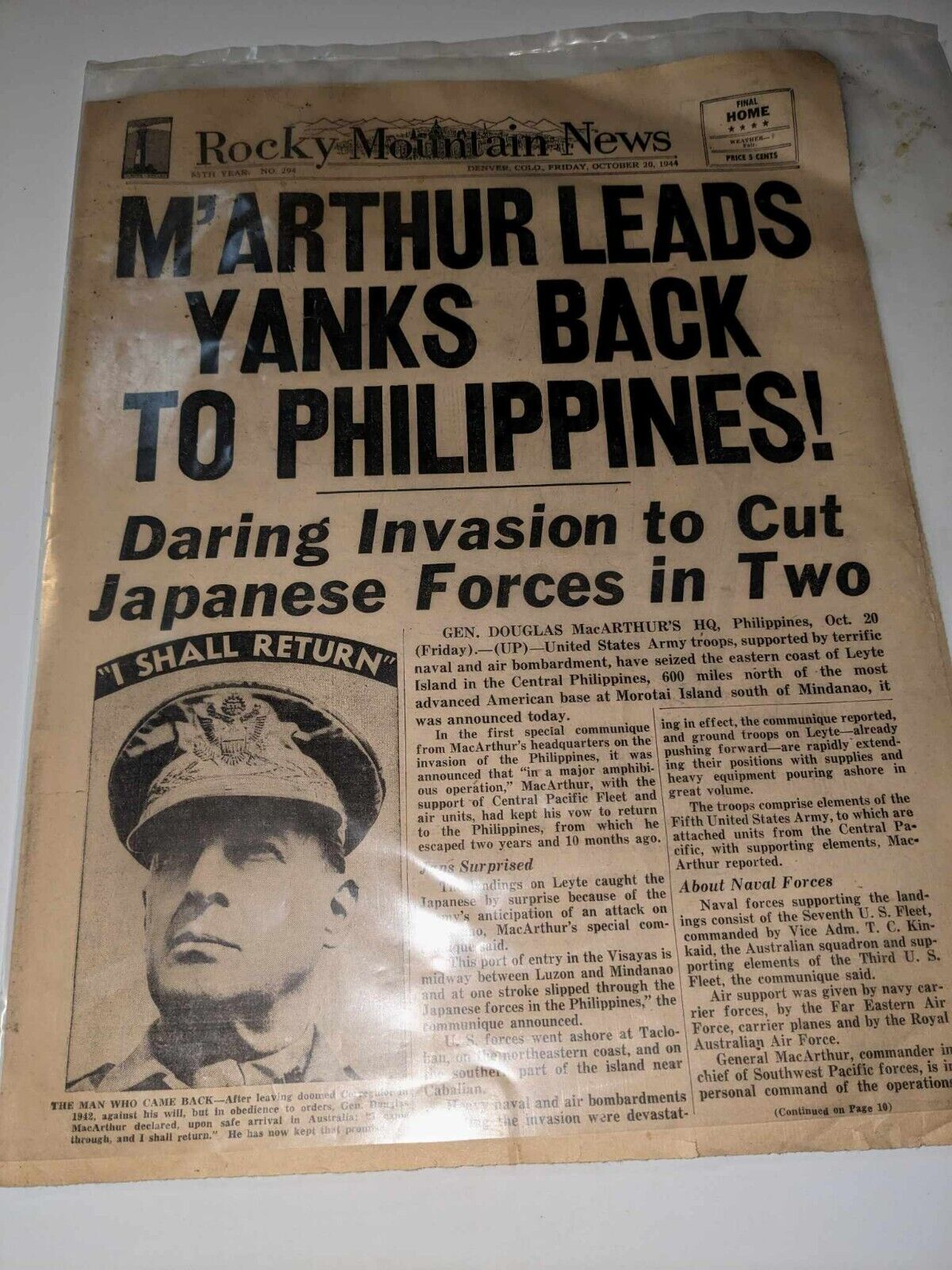 Old Newspaper WWII: 10-20-1944 \