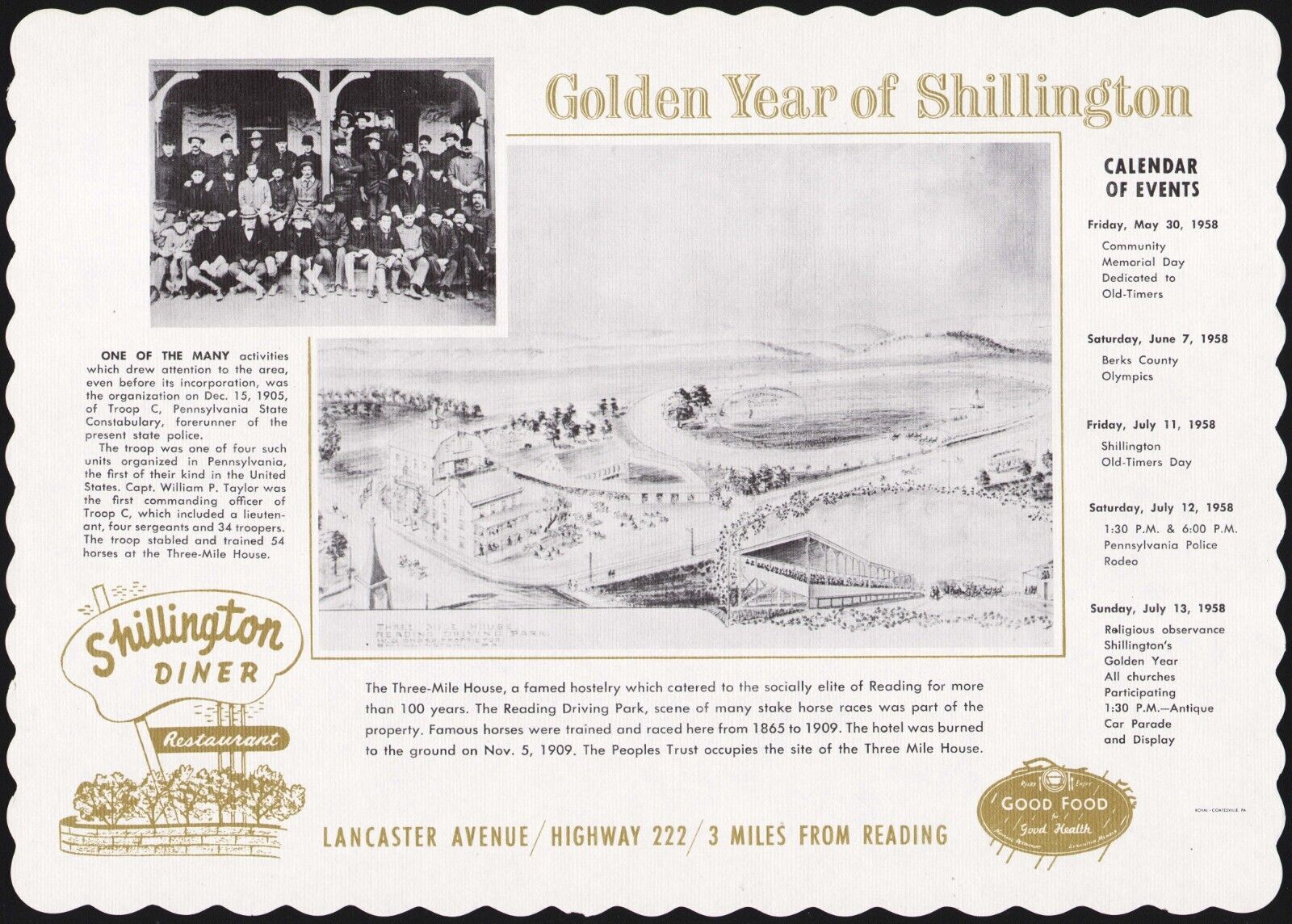 Vintage placemat SHILLINGTON DINER Golden Year 1958 Three Mile House Reading PA