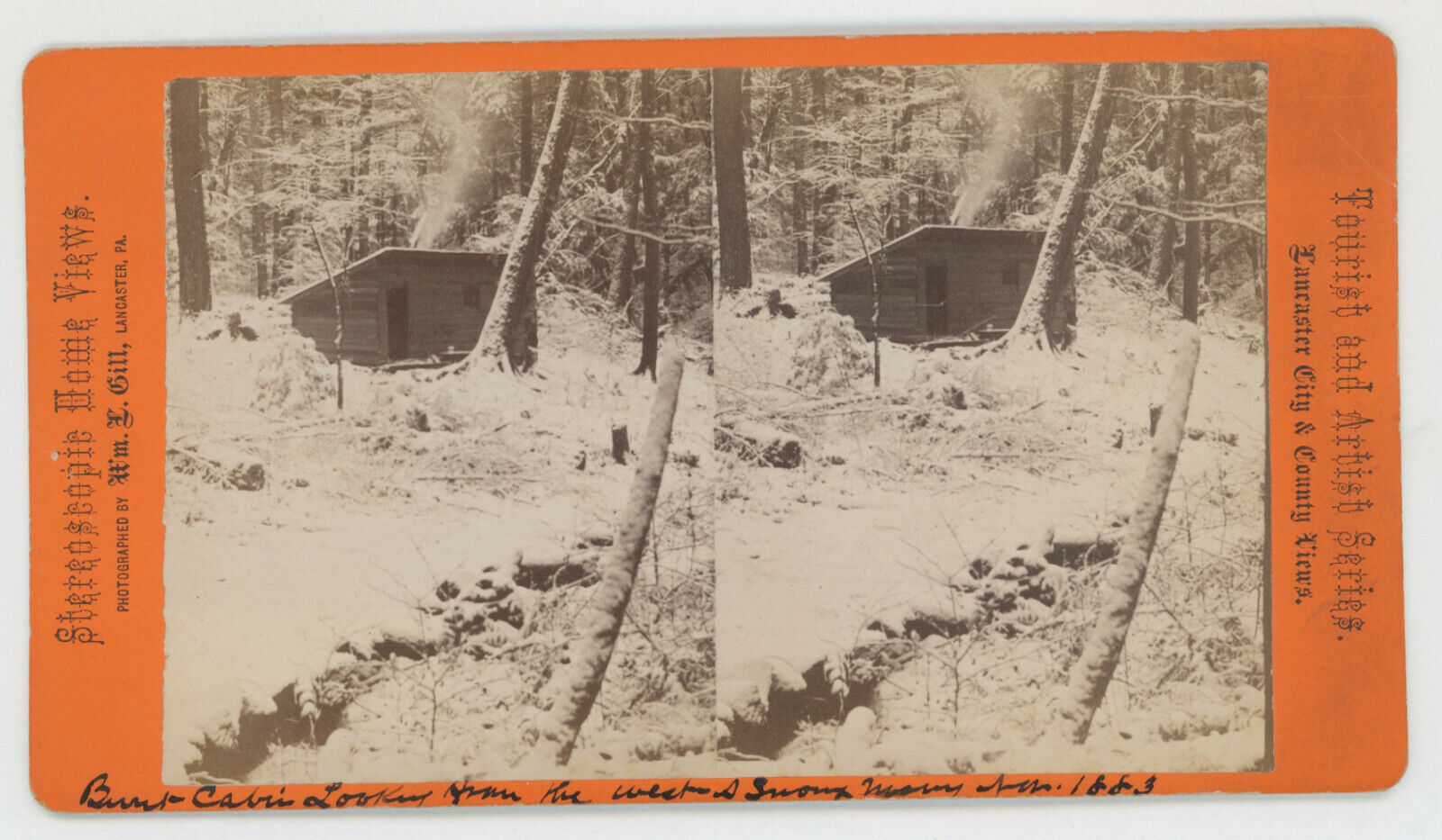 1883 STEREOVIEW WILLIAM L. GILL, BURNT CABIN LOOKING FROM WEST, LANCASTER, PA.