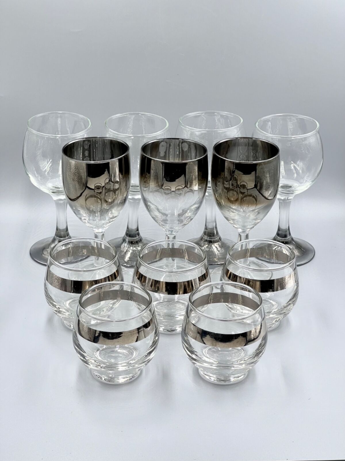 VTG 12 Pc. Dorothy Thorpe Style Silver Accent Glasses-Roly Poly/Cordial/Snifter