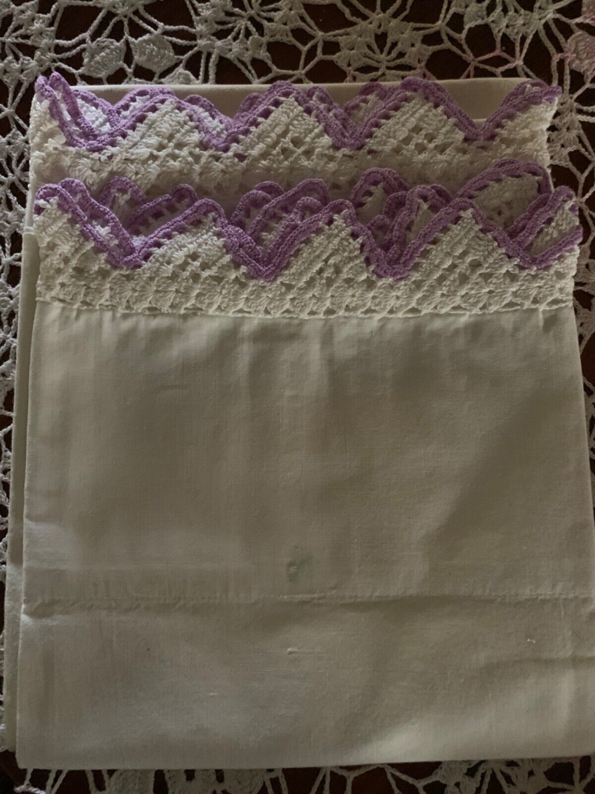 2 hand crocheted pillowcases purple cotton vintage