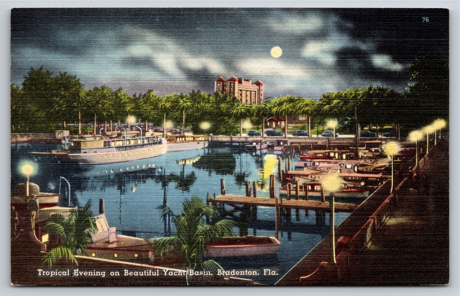 Ships~Air View Yacht Basin At Night Bradenton Florida~Vintage Postcard