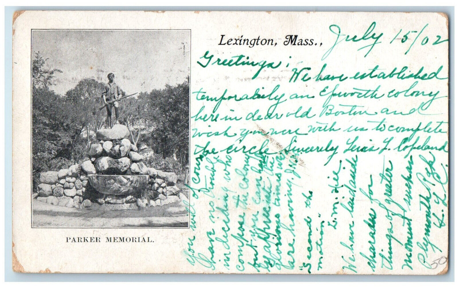 1902 Parker Memorial Lexington Massachusetts MA Antique Posted PMC Postcard