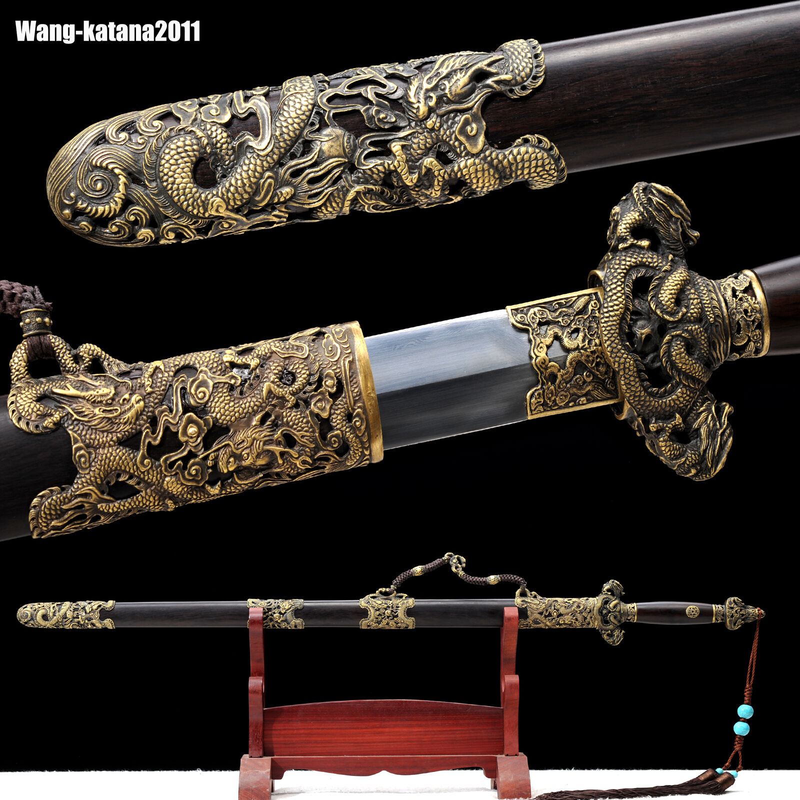 40'' Dragon Clay tempered Damascus Steel Ebony Handmade Chinese Qing Jian Sword