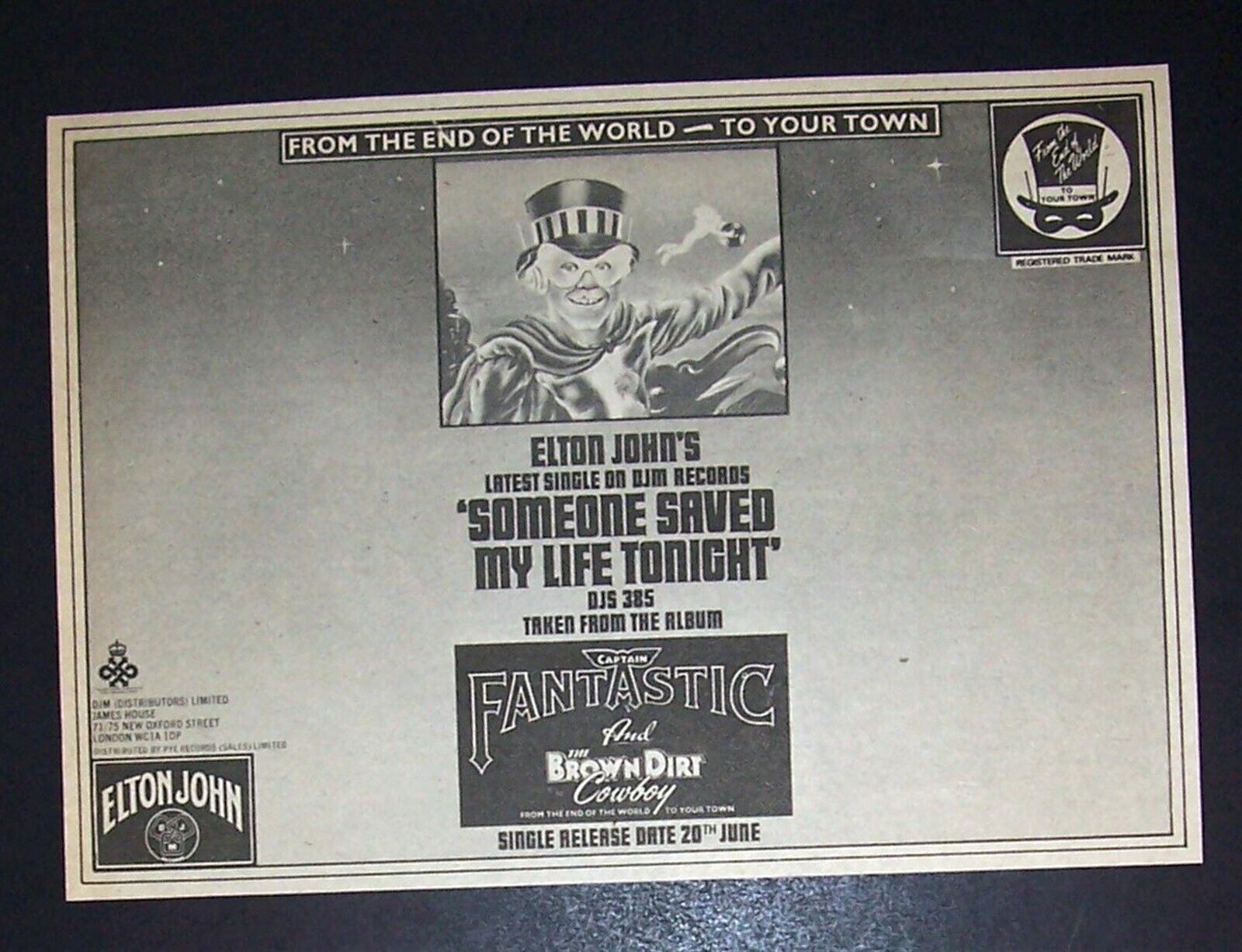 Elton John Someone Saved My Life Tonight 1975 Small Poster Type Ad, Advert