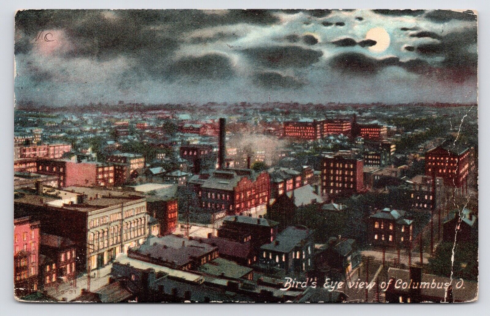 c1907 Downtown Birds Eye View Moonlight Night Columbus Ohio OH Antique Postcard